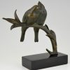 Art Deco bronzen beeld twee vogels op tak