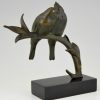 Art Deco bronzen beeld twee vogels op tak
