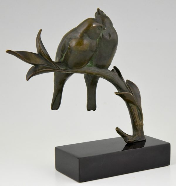 Art Deco bronzen beeld twee vogels op tak