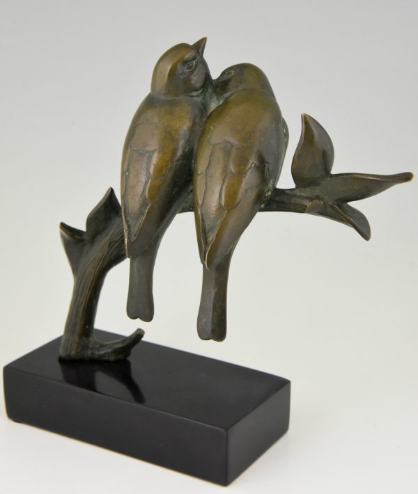 Sculpture en bronze Art Deco deux oiseaux sur une branche