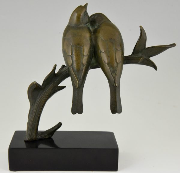 Sculpture en bronze Art Deco deux oiseaux sur une branche