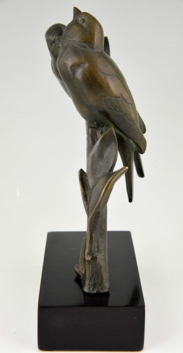 Sculpture en bronze Art Deco deux oiseaux sur une branche