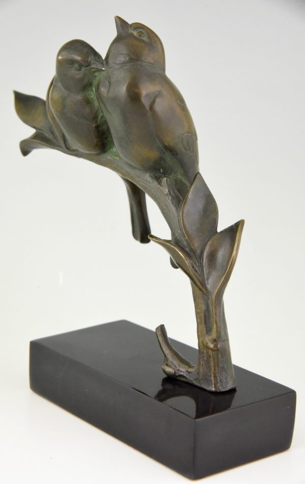 Sculpture en bronze Art Deco deux oiseaux sur une branche