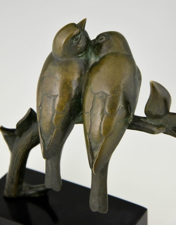 Art Deco bronzen beeld twee vogels op tak