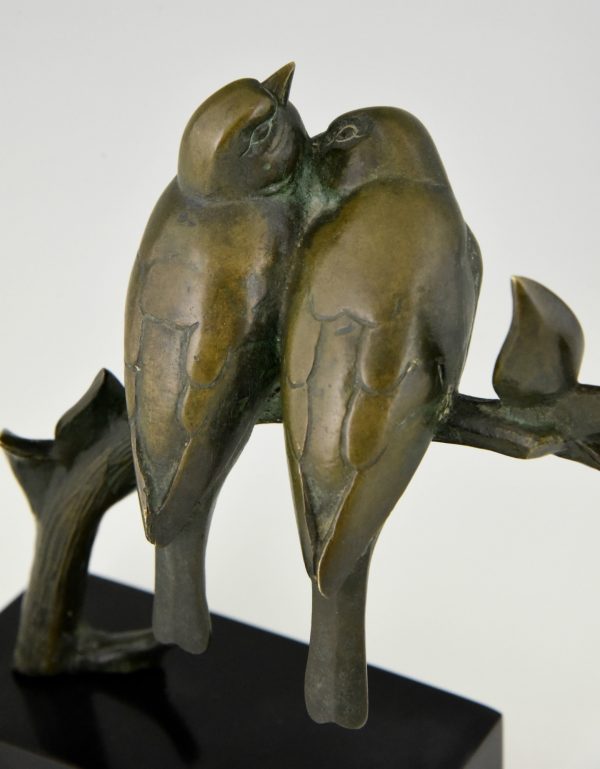 Sculpture en bronze Art Deco deux oiseaux sur une branche