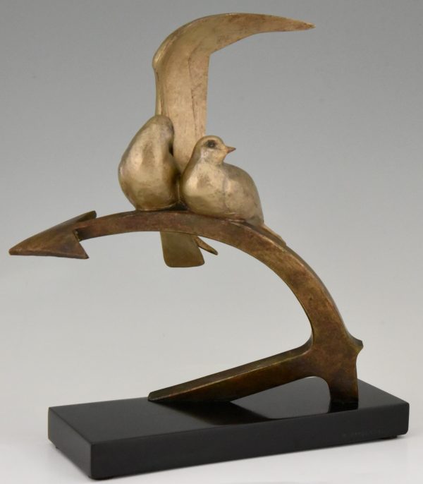 Art Deco bronze sculpture two birds on an ancre