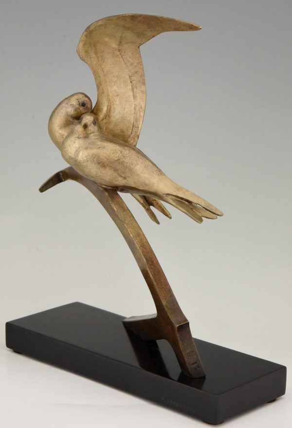 Art Deco bronzen sculptuur vogels op anker