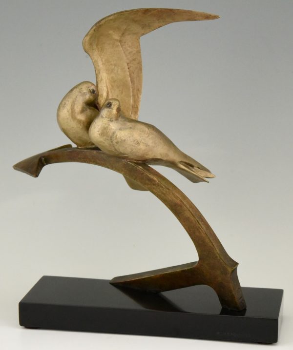 Art Deco bronzen sculptuur vogels op anker