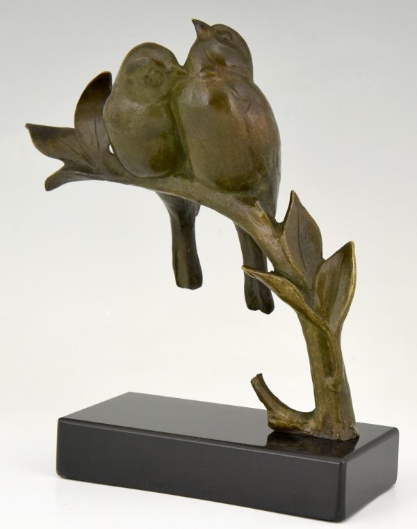 Sculpture Art Deco bronze deux oiseaux sur une branche