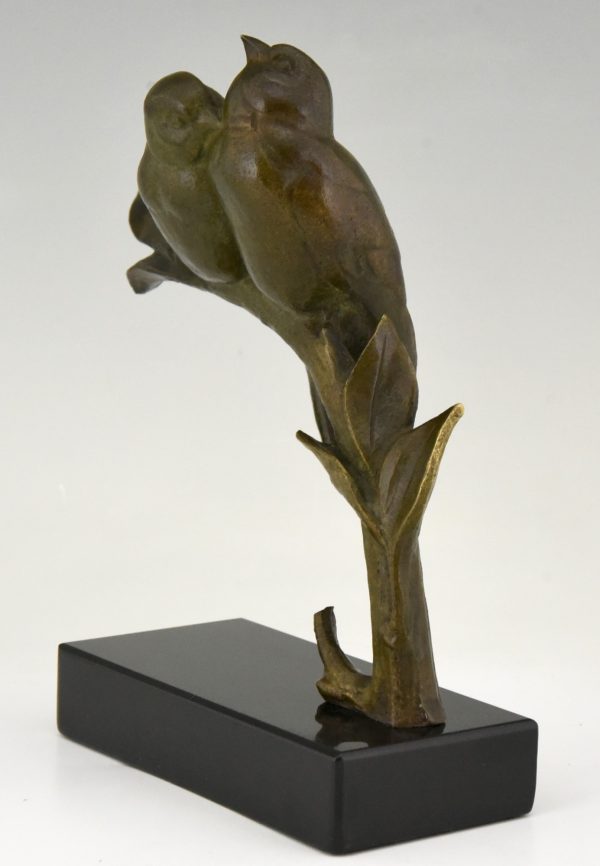 Art Deco bronzen sculptuur twee vogels op tak