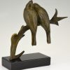 Art Deco bronzen sculptuur twee vogels op tak