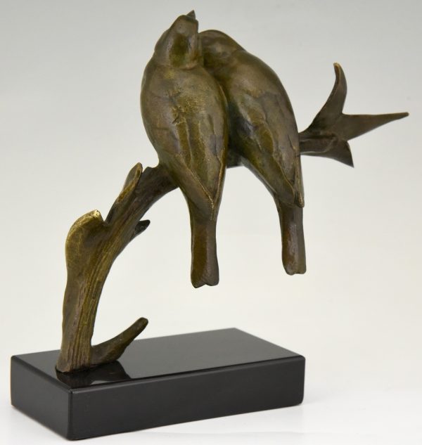 Art Deco bronzen sculptuur twee vogels op tak