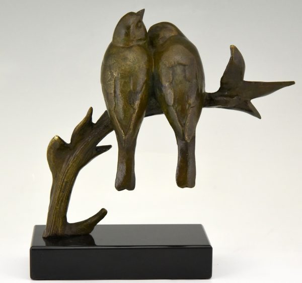 Art Deco bronzen sculptuur twee vogels op tak