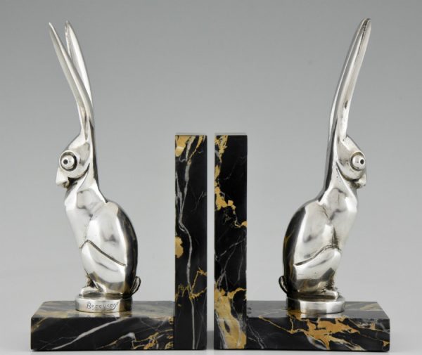 Serre livres Art Deco bronze argenté lièvres
