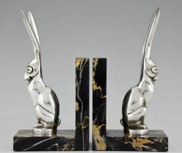 Art Deco silvered bronze hare bookends