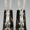 Art Deco silvered bronze hare bookends