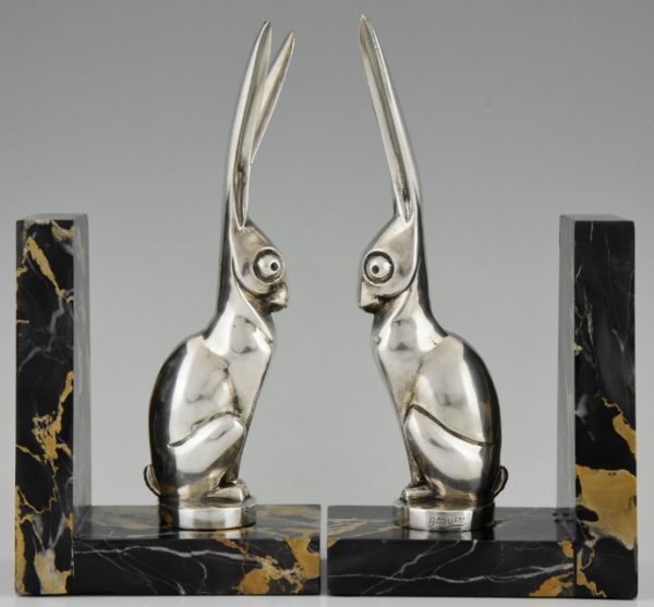 Art Deco silvered bronze hare bookends