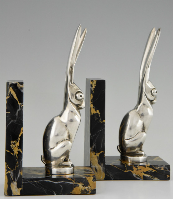 Art Deco silvered bronze hare bookends