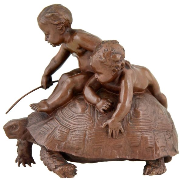 Antike Bronze Skulptur 2 Kinder auf Schildkröte