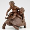 Sculpture en bronze 2 enfants sur une tortue