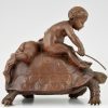 Sculpture en bronze 2 enfants sur une tortue