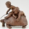 Sculpture en bronze 2 enfants sur une tortue