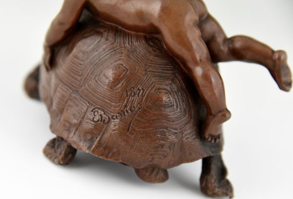 Antike Bronze Skulptur 2 Kinder auf Schildkröte