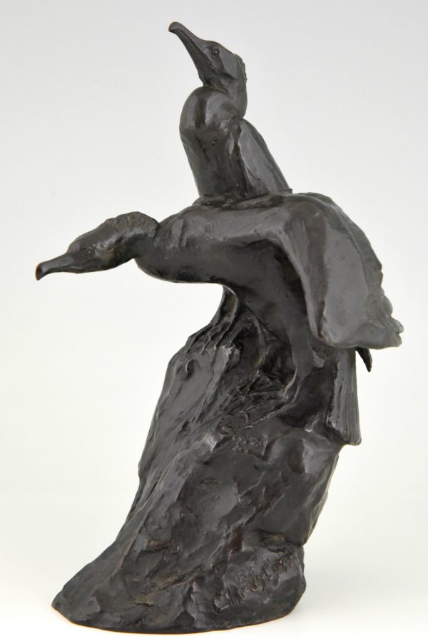 Sculpture en bronze deux cormorants