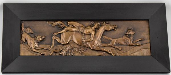 Antique bronze wall plaque Mazeppa and the wolves