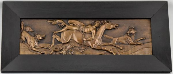 Antique bronze wall plaque Mazeppa and the wolves