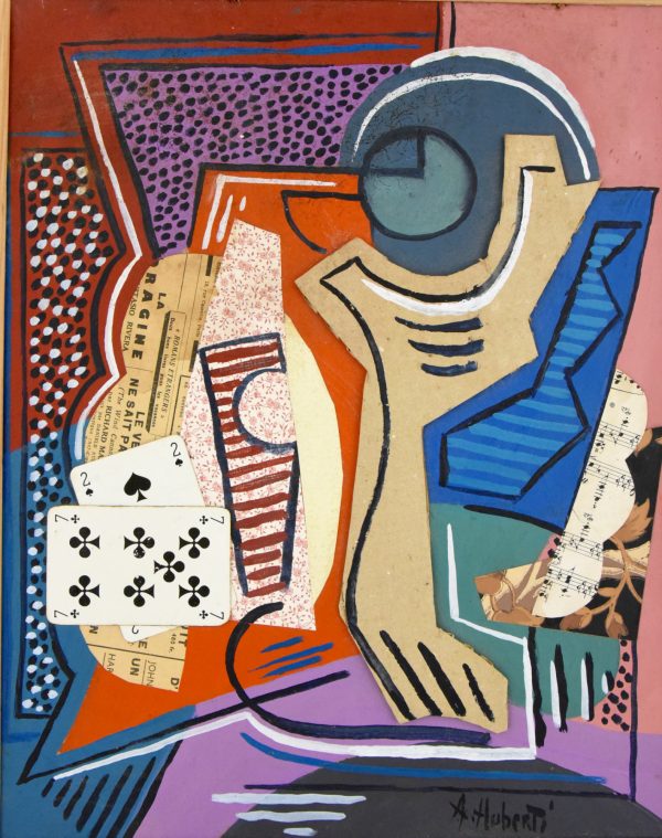 Cards, cubist collage with playing cards and staff paper