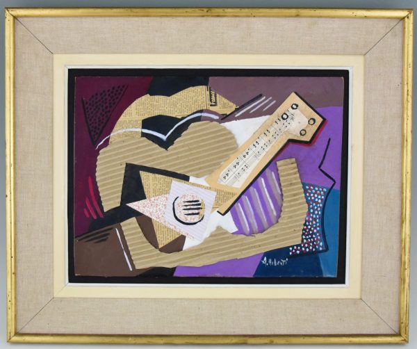 Music, cubist collage with guitar and staff paper