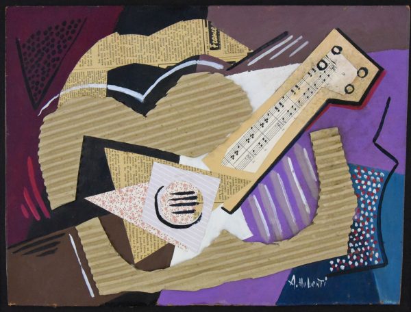 Music, cubist collage with guitar and staff paper