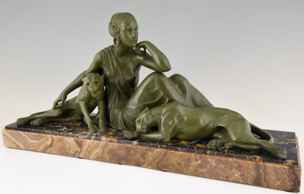 Art Deco sculpture lady with two panthers