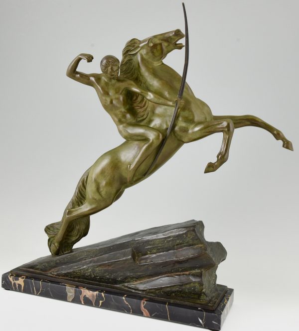 Art Deco bronze sculpture archer on rearing horse