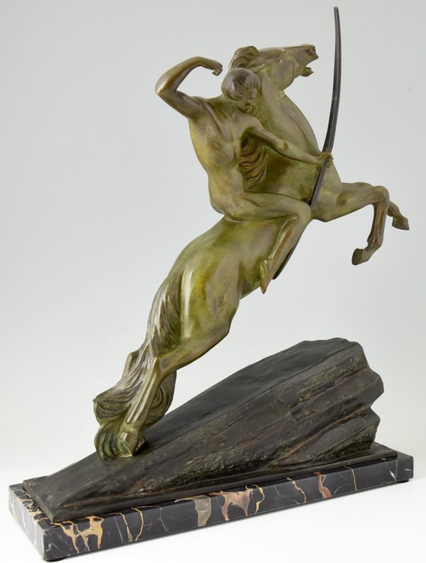 Art Deco bronze sculpture archer on rearing horse