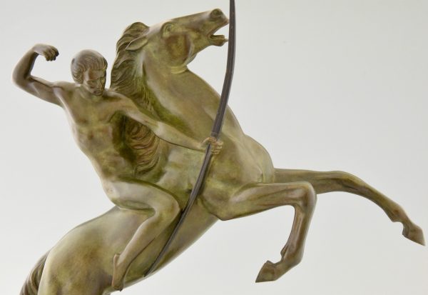 Art Deco bronze sculpture archer on rearing horse