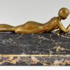 Art Deco bronze sculpture of a girl playing with a cat.