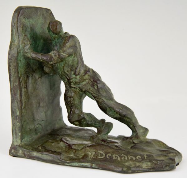 Art Deco bronzen boekensteunen duwende mannen