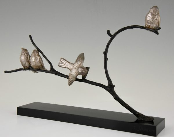 Art Deco sculpture en bronze 4 oiseaux sur une branche.