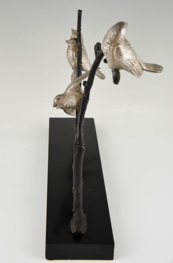 Art Deco sculpture en bronze 4 oiseaux sur une branche.