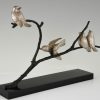 Art Deco sculpture en bronze 4 oiseaux sur une branche.