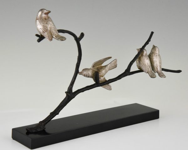 Art Deco bronzen sculptuur 4 vogels op een tak