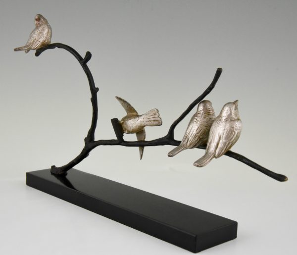 Art Deco bronzen sculptuur 4 vogels op een tak