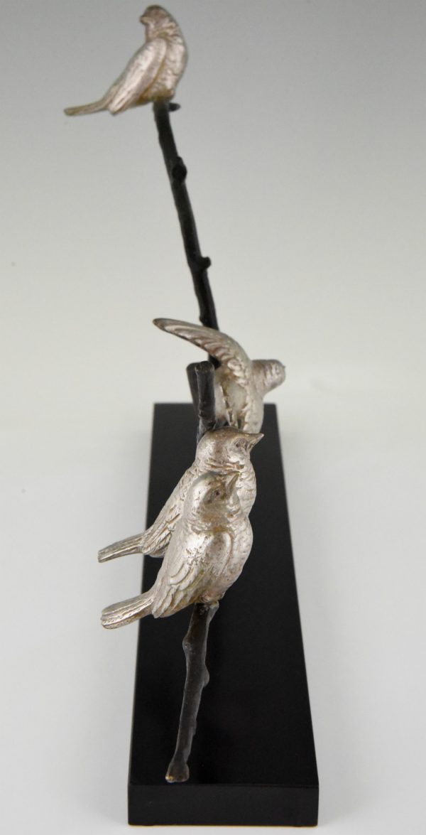 Art Deco sculpture en bronze 4 oiseaux sur une branche.