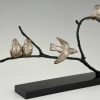 Art Deco sculpture en bronze 4 oiseaux sur une branche.