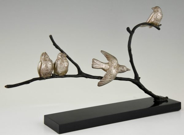Art Deco bronzen sculptuur 4 vogels op een tak