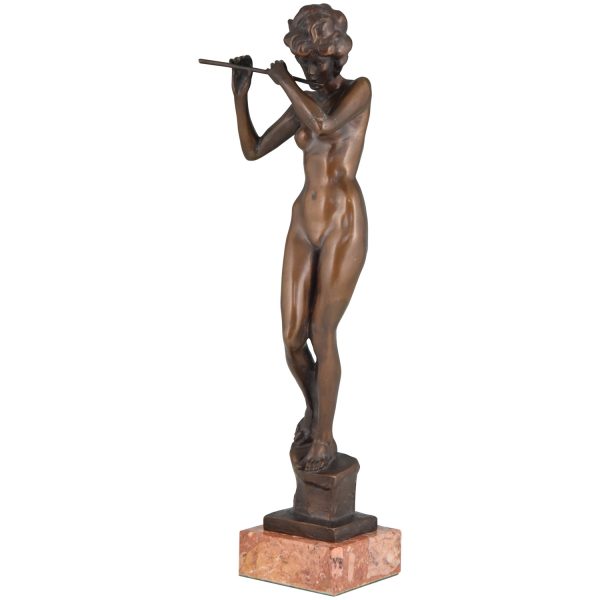 Art Deco bronze sculpture of a nude with flute.