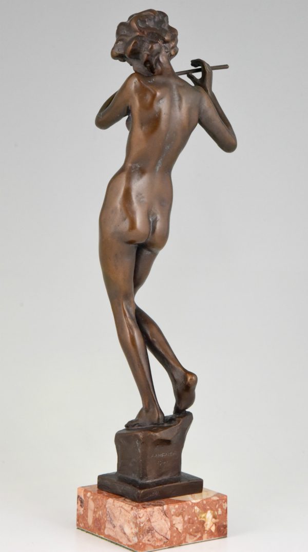 Art Deco bronze sculpture of a nude with flute.