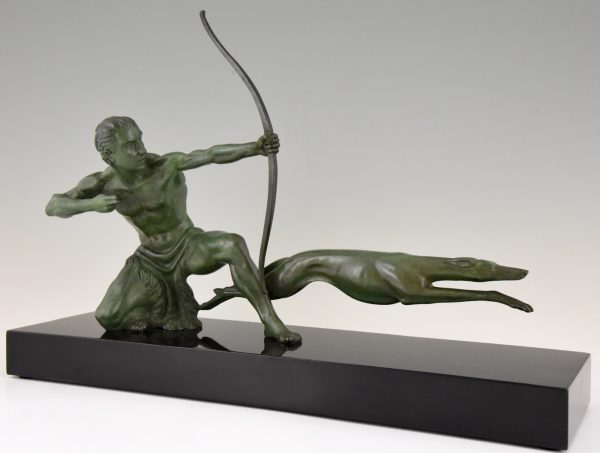 Art Deco bronze sculpture of an archer with hunting dog.